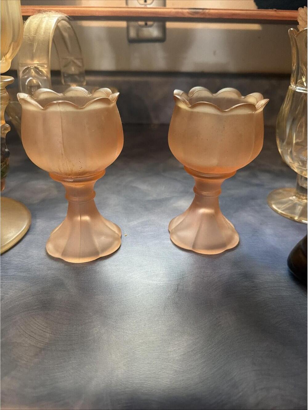 Satin Frosted Glass Tulip Shape Candle Holders Set Of 2 Blush Pink **